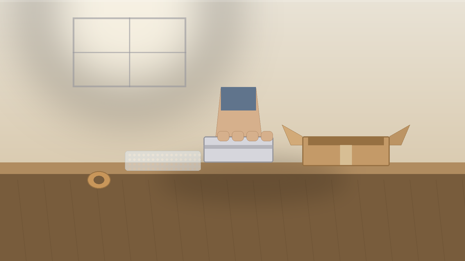 A shopkeeper's hands setting a small boxed gadget on a counter beside an open cardboard shipping box, bubble wrap and a roll of tape inside a bright Chinese electronics shop, the two ends of a buy-it-here-ship-it-overseas errand